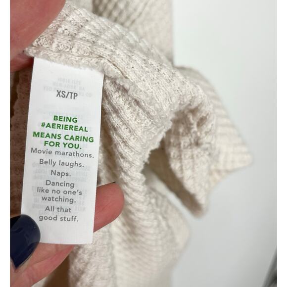 Aerie Womens Waffle Knit Pullover Sweater XS Beige Neutral Loungewear Cozy - Picture 8 of 10